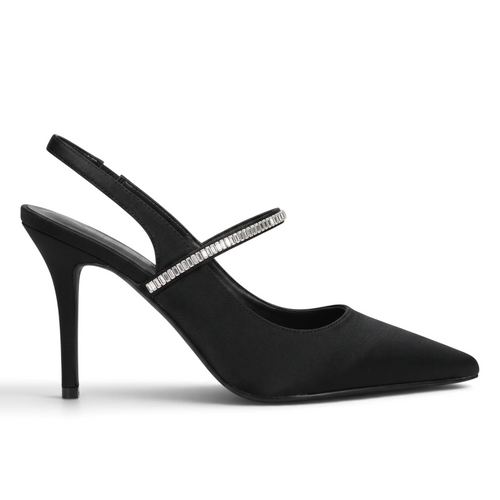 ShoeShop Laura Biagiotti 8977 black textile slingback heels with a 9cm stiletto heel and crystal embellished strap