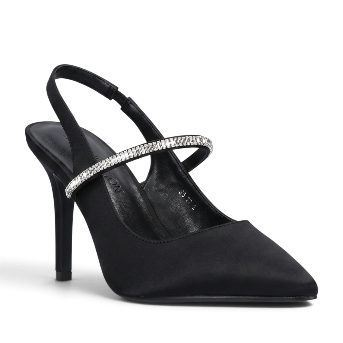 ShoeShop Laura Biagiotti 8977 black textile slingback heels with a 9cm stiletto heel and crystal-embellished strap.