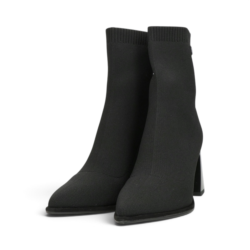 ShoeShop Laura Biagiotti 9366 black textile sock boots with an 8 cm block heel and pointed toe