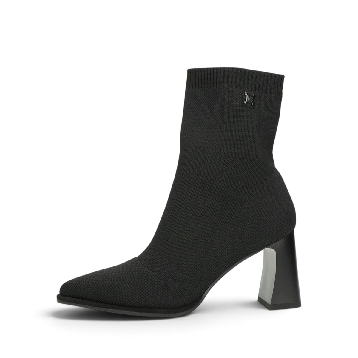 ShoeShop Laura Biagiotti 9366 black textile sock ankle boots with an 8 cm block heel and pointed toe