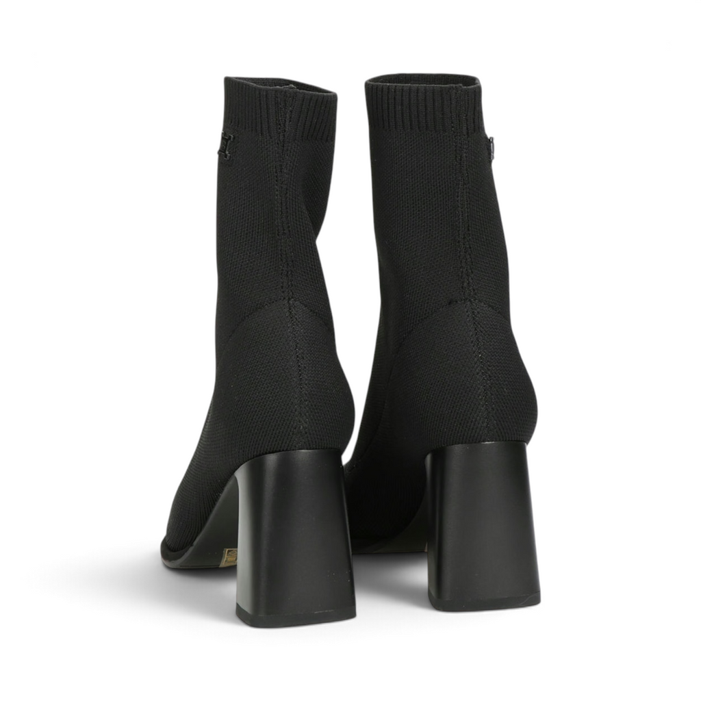 ShoeShop Laura Biagiotti 9366 black textile sock boots with an 8 cm block heel and rubber sole, rear view.