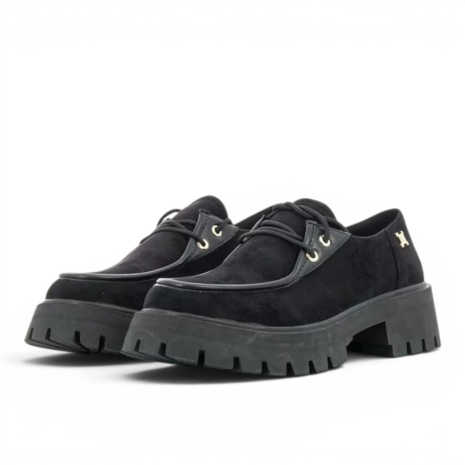 ShoeShop Laura Biagiotti 8257 black suede lace-up shoes with chunky lug soles and gold hardware details