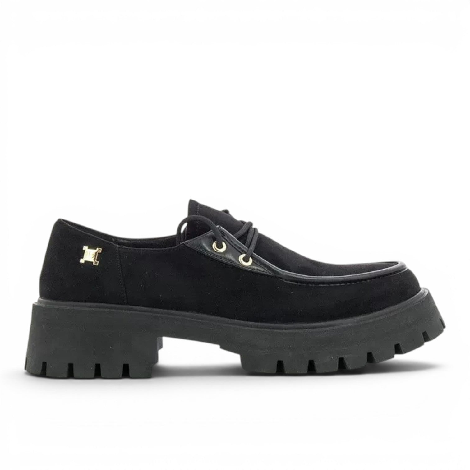 ShoeShop LAURA BIAGIOTTI 8257 black suede lace-up loafers with a chunky lug sole and gold logo detail