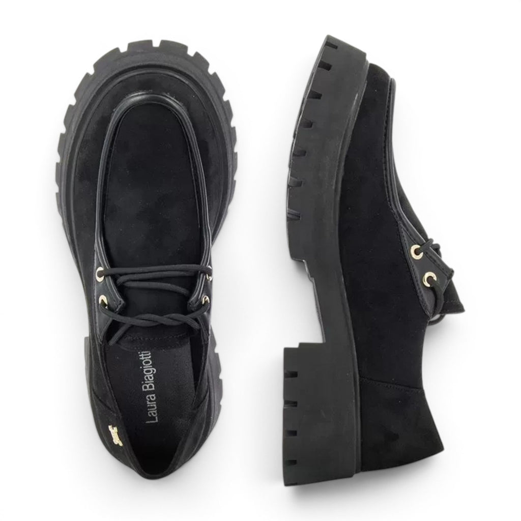 ShoeShop Laura Biagiotti 8257 black suede platform loafers with chunky lug soles and gold eyelet details