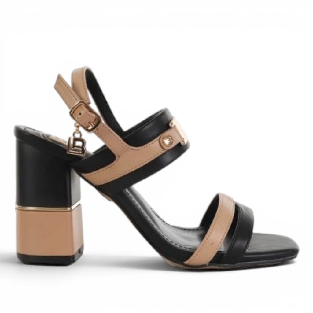 ShoeShop LAURA BIAGIOTTI 8106 two-tone black and beige block heel sandals with gold hardware and ankle strap