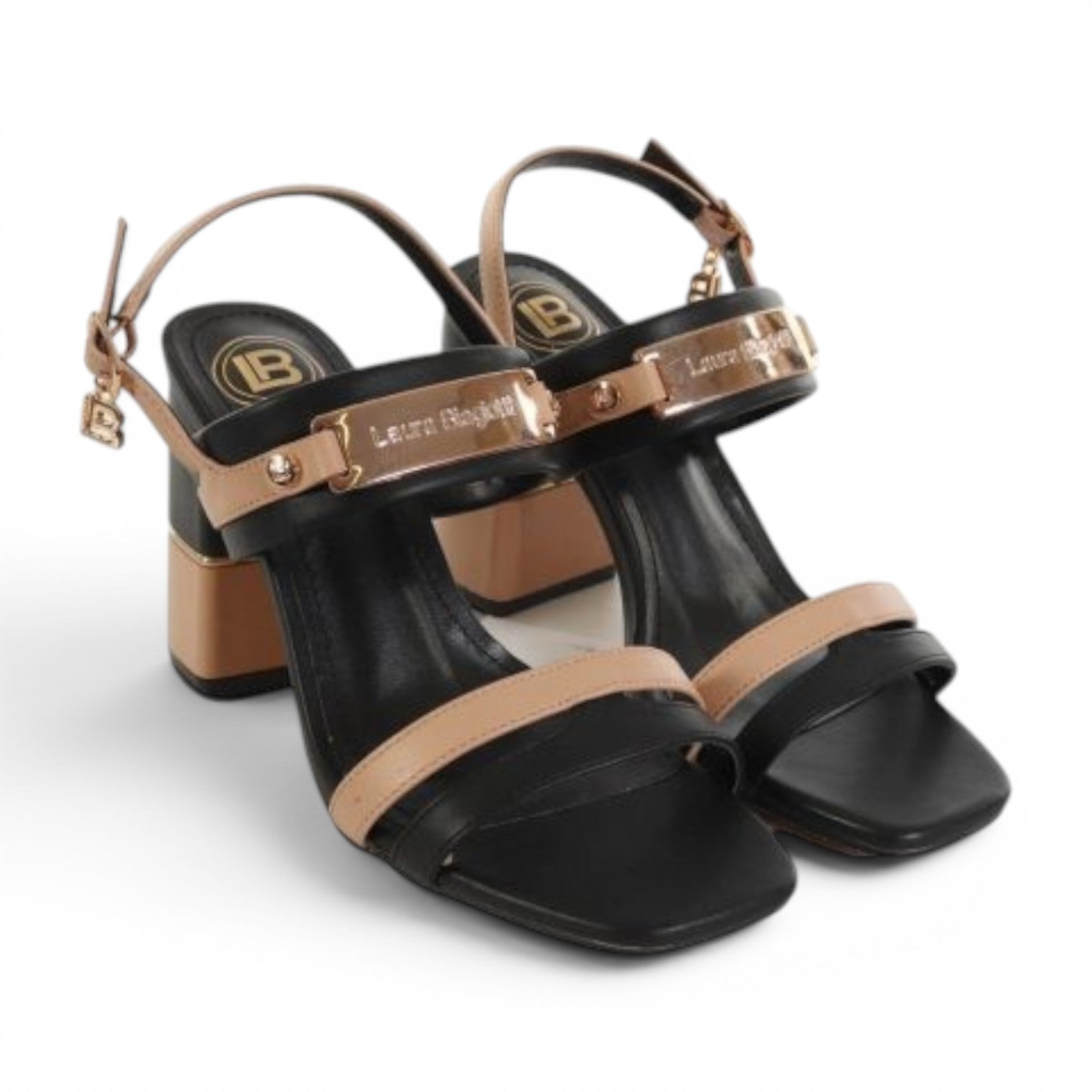 ShoeShop LAURA BIAGIOTTI 8106 black and beige block heel sandals with gold metal logo hardware and ankle strap