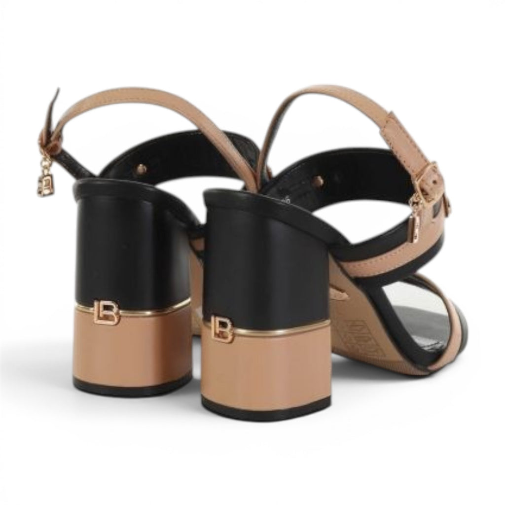 ShoeShop LAURA BIAGIOTTI 8106 black and beige block heel sandals with gold logo detail and ankle strap