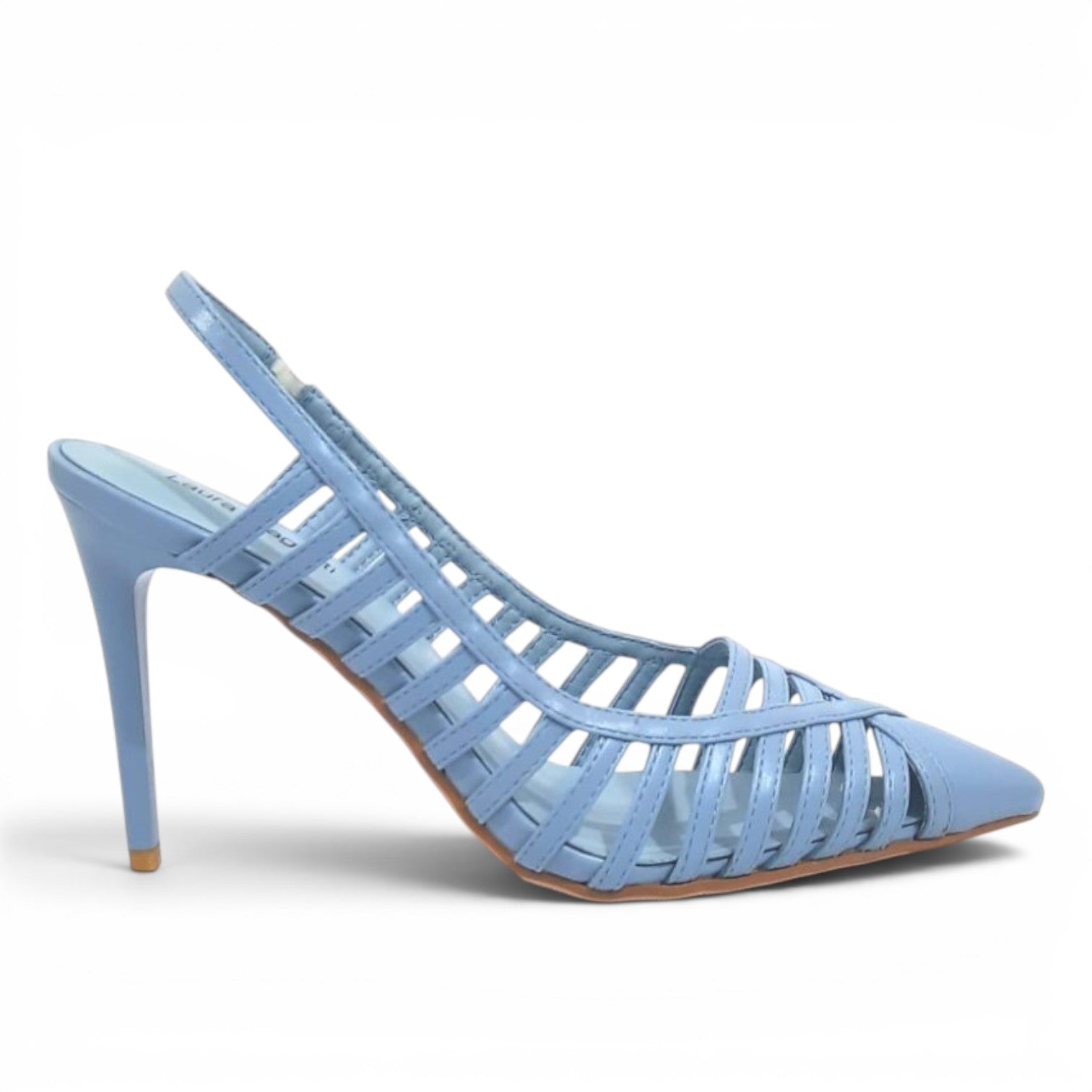 ShoeShop LAURA BIAGIOTTI 8142 light blue pointed-toe slingback heels with a caged strappy design and stiletto heel.