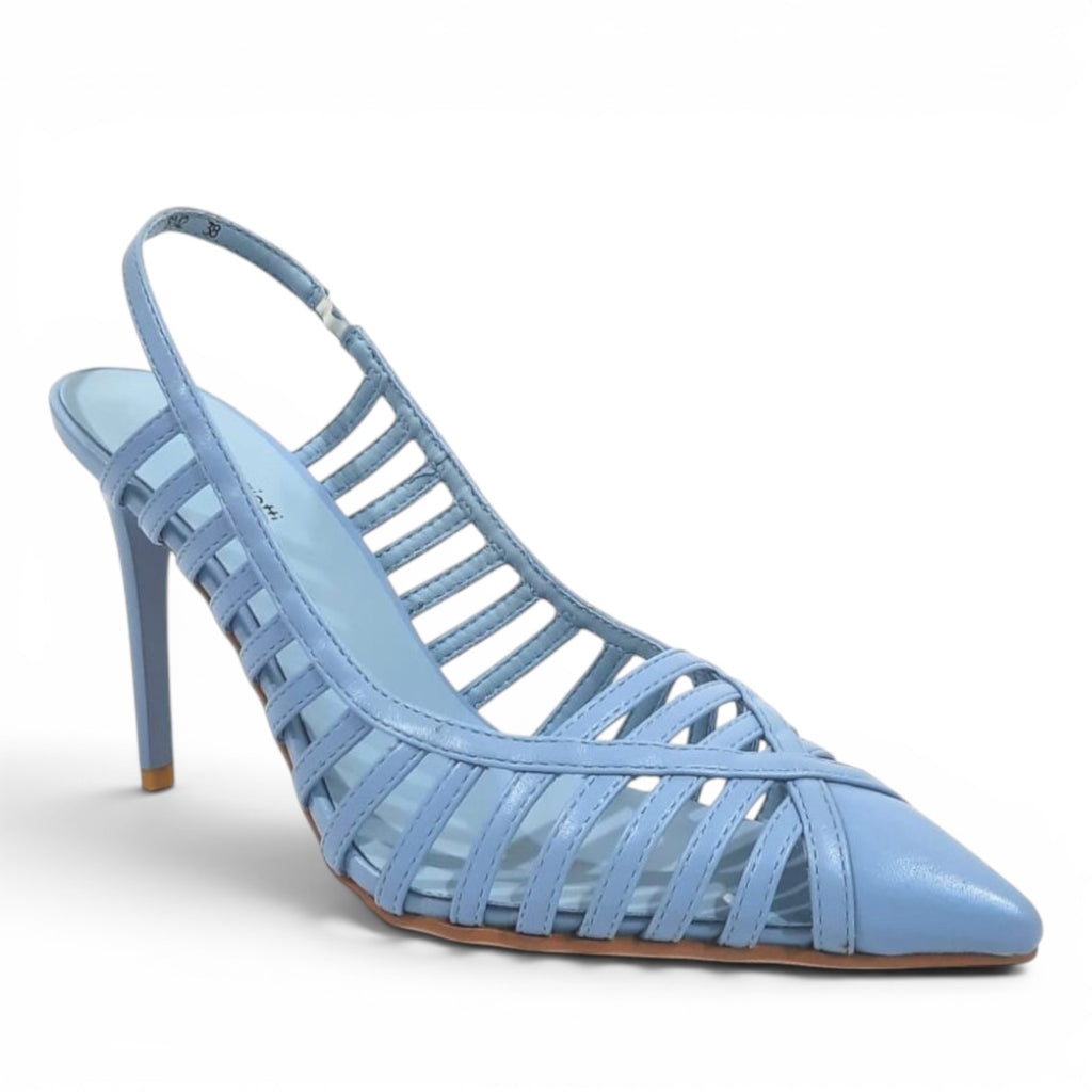 ShoeShop LAURA BIAGIOTTI 8142 light blue leather slingback heels with a caged strappy design and pointed toe