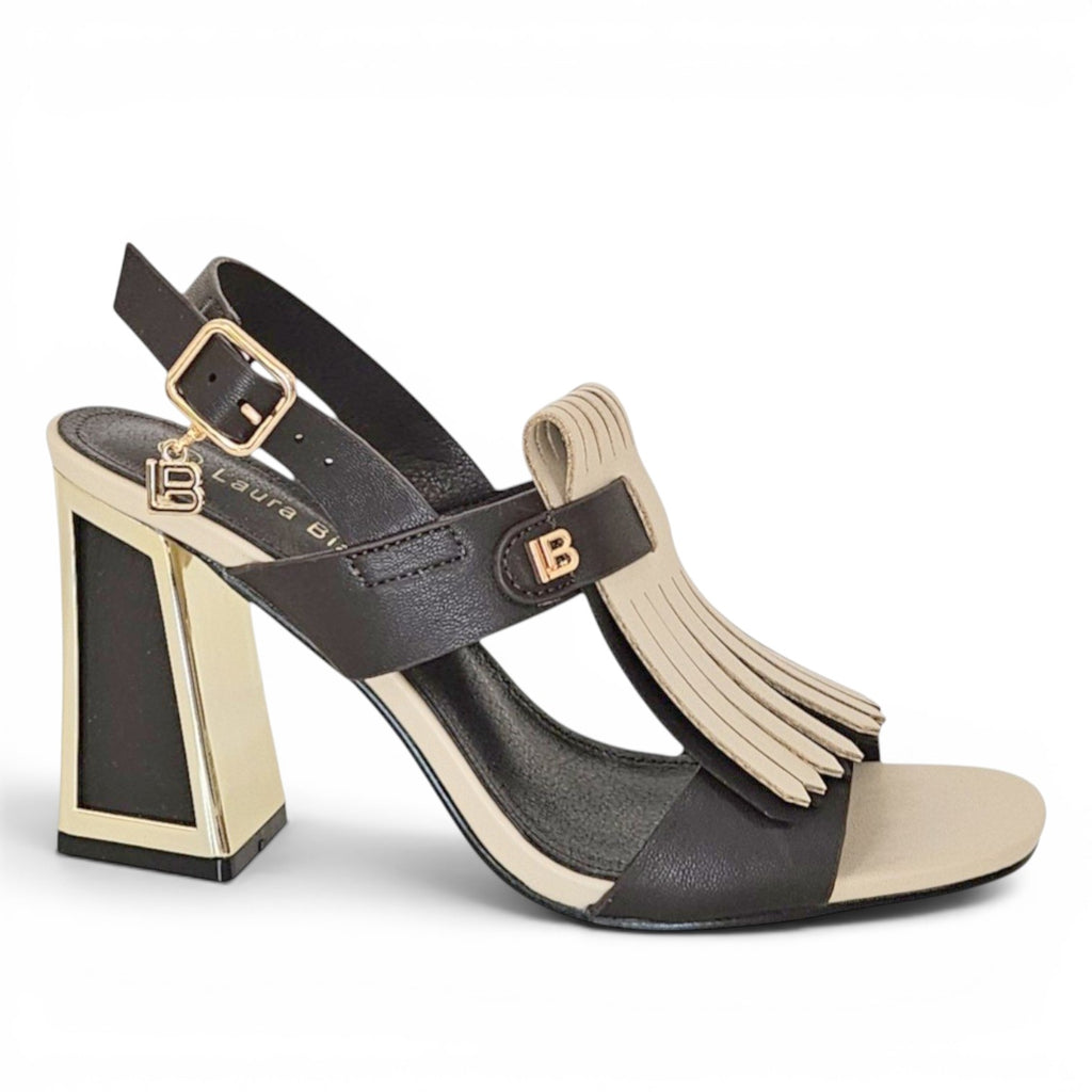 ShoeShop Laura Biagiotti 9753 two-tone black and beige heeled sandals with fringe detail and gold buckle hardware.