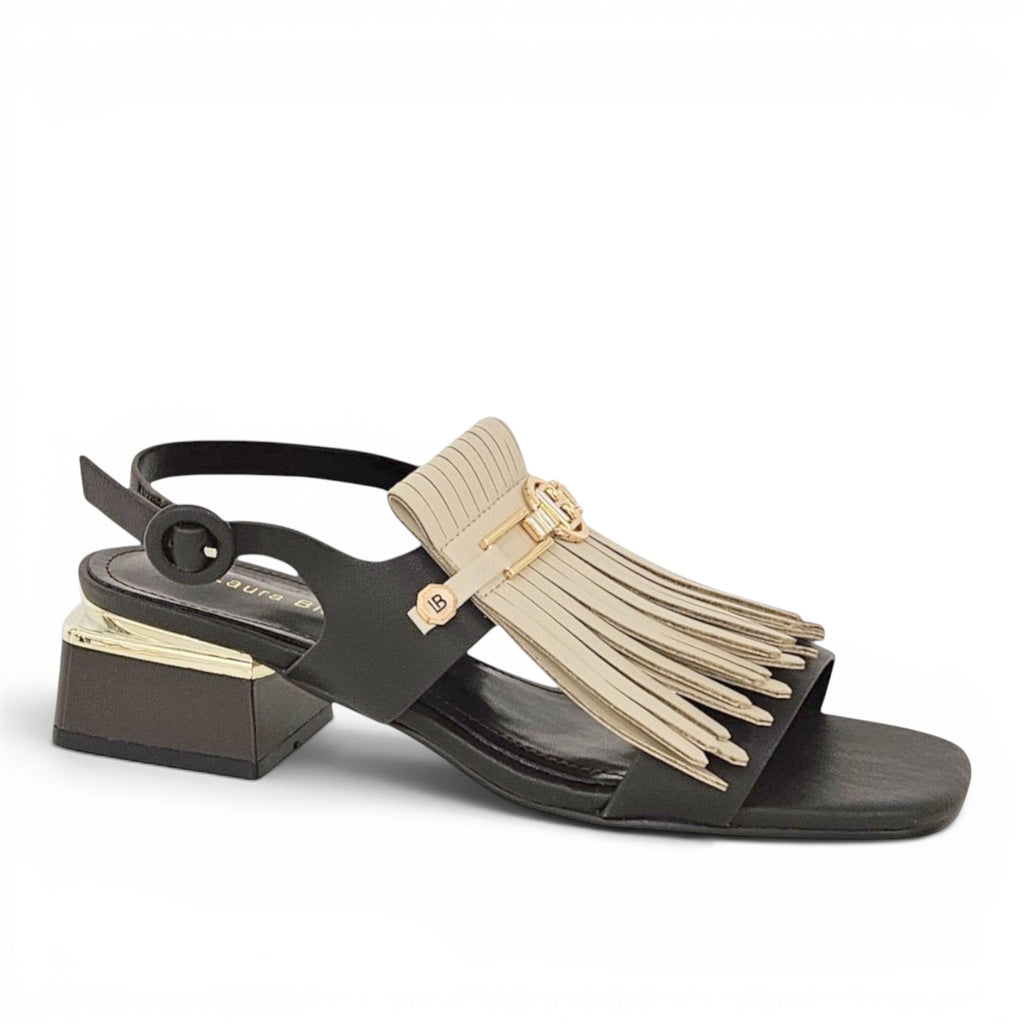 ShoeShop Laura Biagiotti 9728 black and beige slingback sandals with fringe detail and metallic block heel