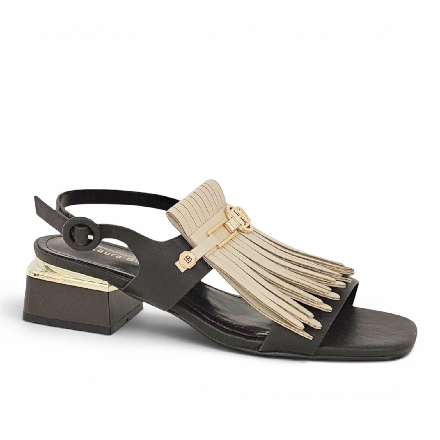 ShoeShop Laura Biagiotti 9728 black and beige slingback sandals with fringe detail and metallic block heel