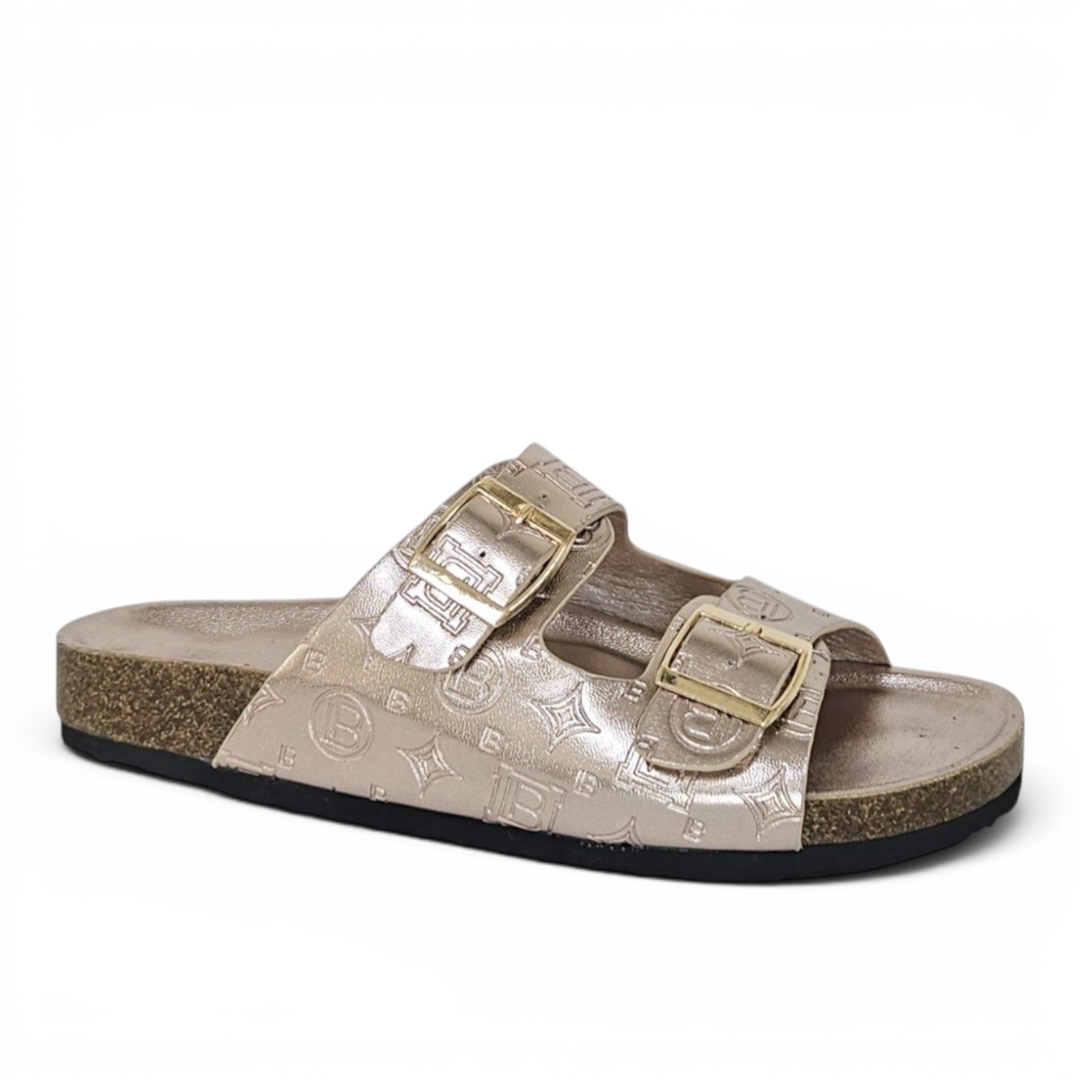 ShoeShop LAURA BIAGIOTTI 9776 metallic gold double-strap sandals with embossed logo pattern and gold buckles