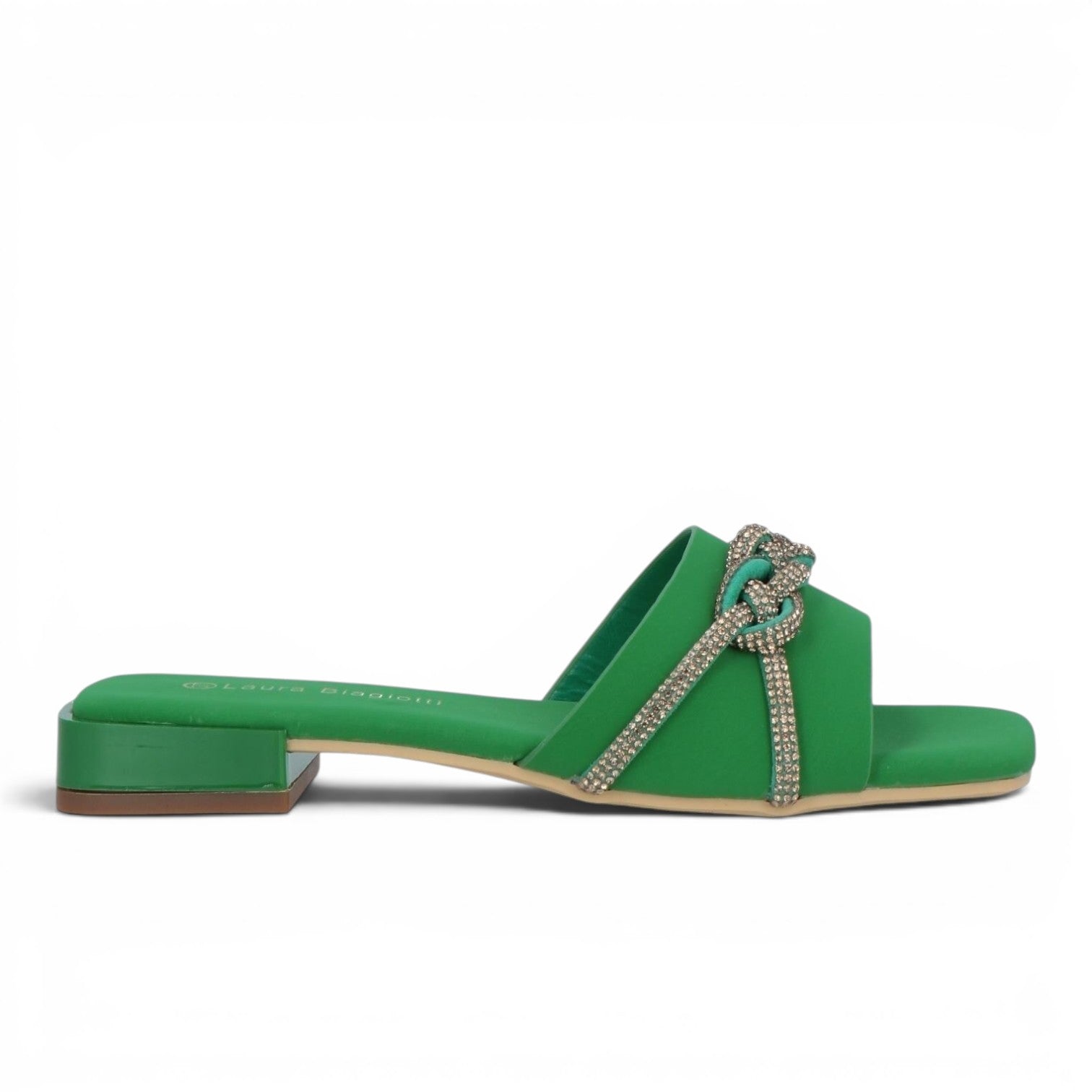 ShoeShop LAURA BIAGIOTTI 8044 green slip-on sandals with a decorative rhinestone chain detail and low block heel