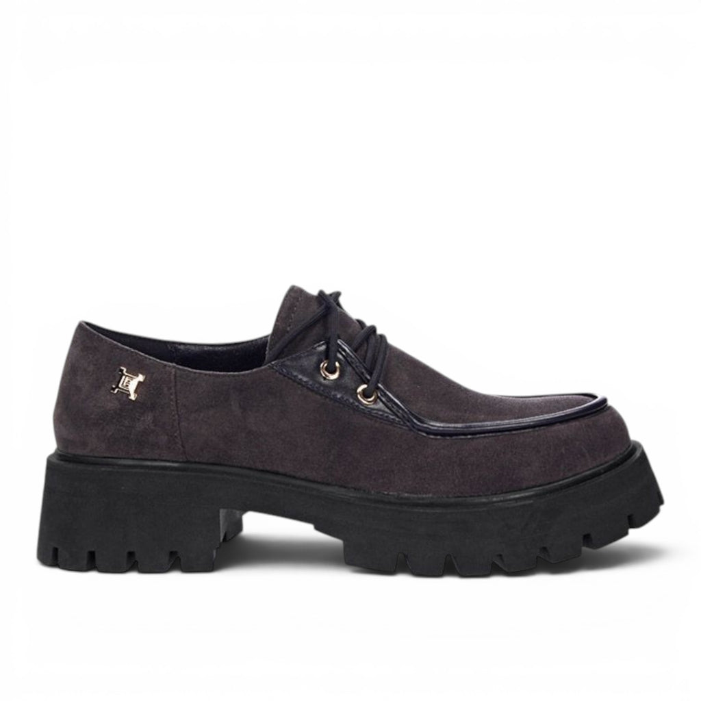 ShoeShop LAURA BIAGIOTTI 8257 dark grey suede lace-up shoes with a chunky black lug sole and gold hardware detail.