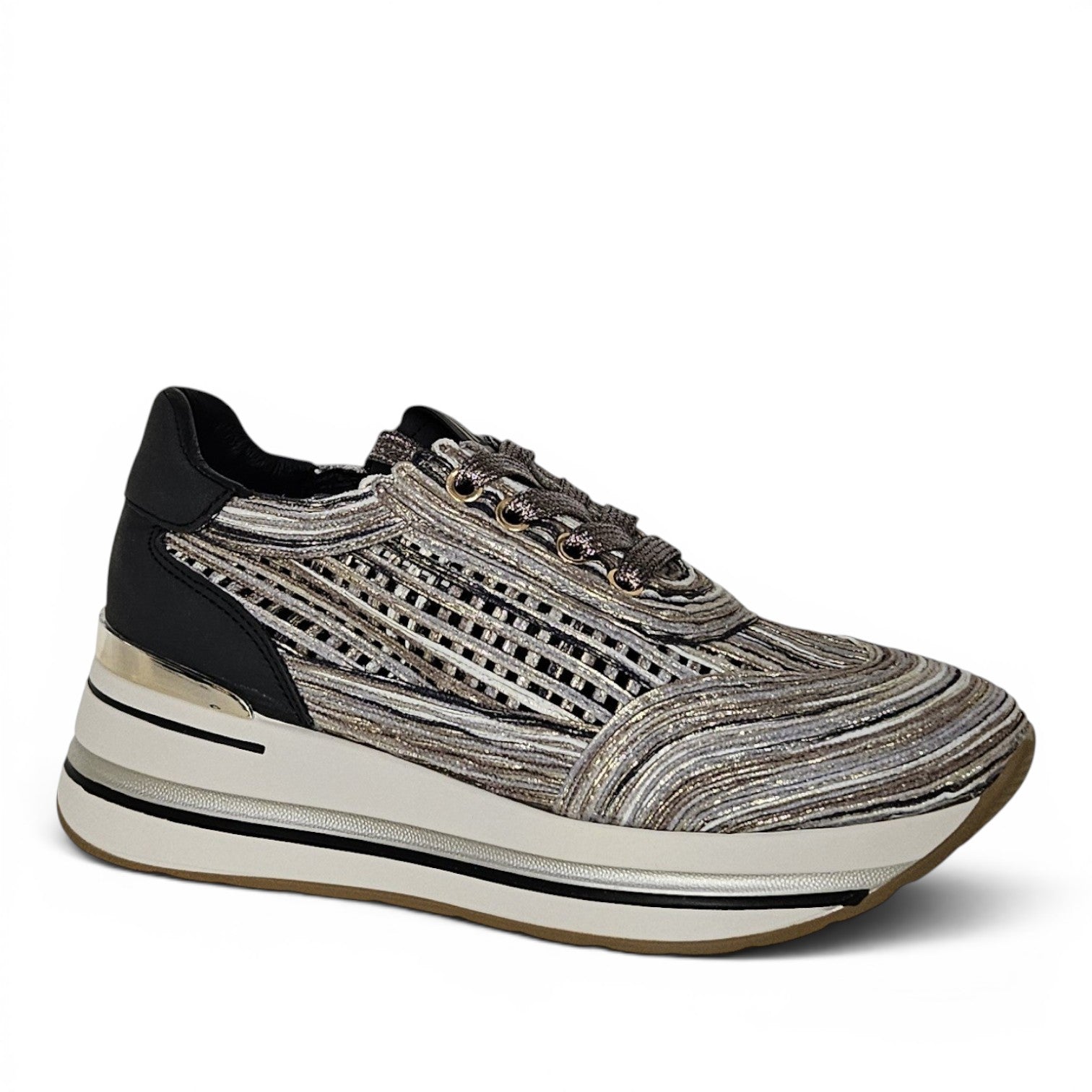 ShoeShop LAURA BIAGIOTTI 9643 metallic striped platform sneakers with black leather accents and thick white sole