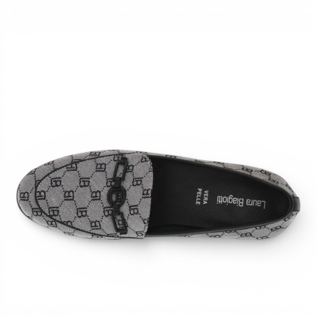 ShoeShop Laura Biagiotti 8476 loafers in grey monogram fabric with black leather trim and metal bit detail