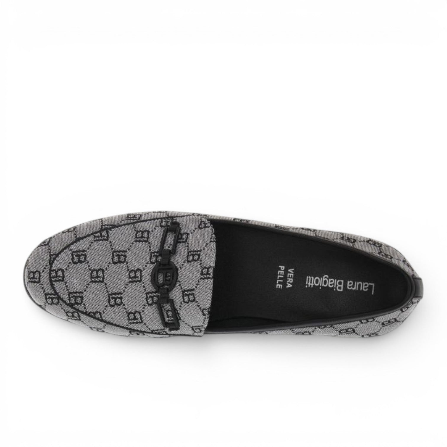 ShoeShop Laura Biagiotti 8476 loafers in grey monogram fabric with black leather trim and metal bit detail
