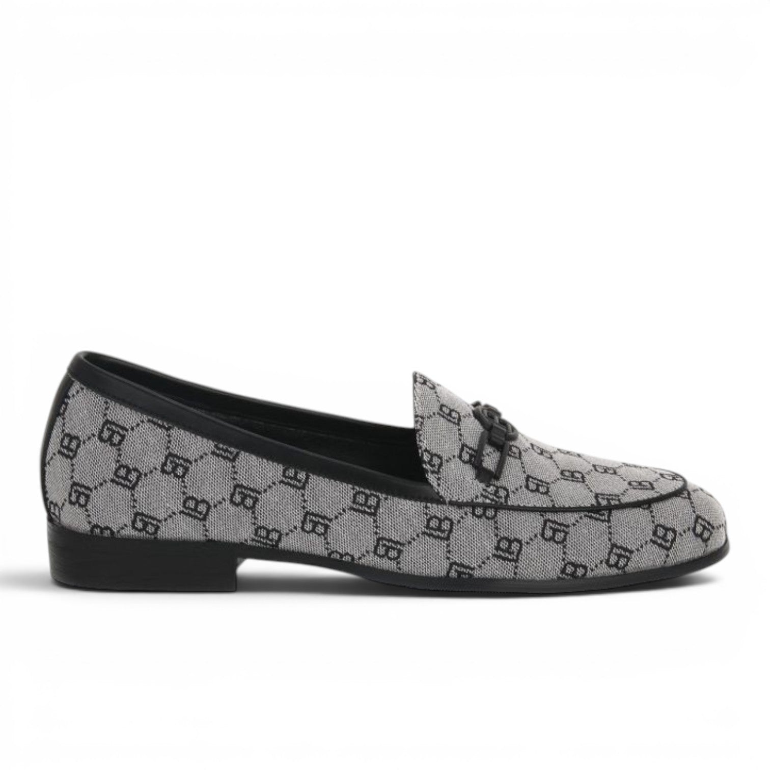 ShoeShop LAURA BIAGIOTTI 8476 grey and black monogram print loafers with a decorative metal bit detail