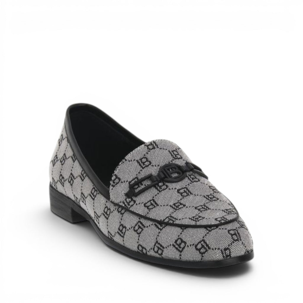 ShoeShop LAURA BIAGIOTTI 8476 grey and black monogram print loafers with a decorative metal bit detail