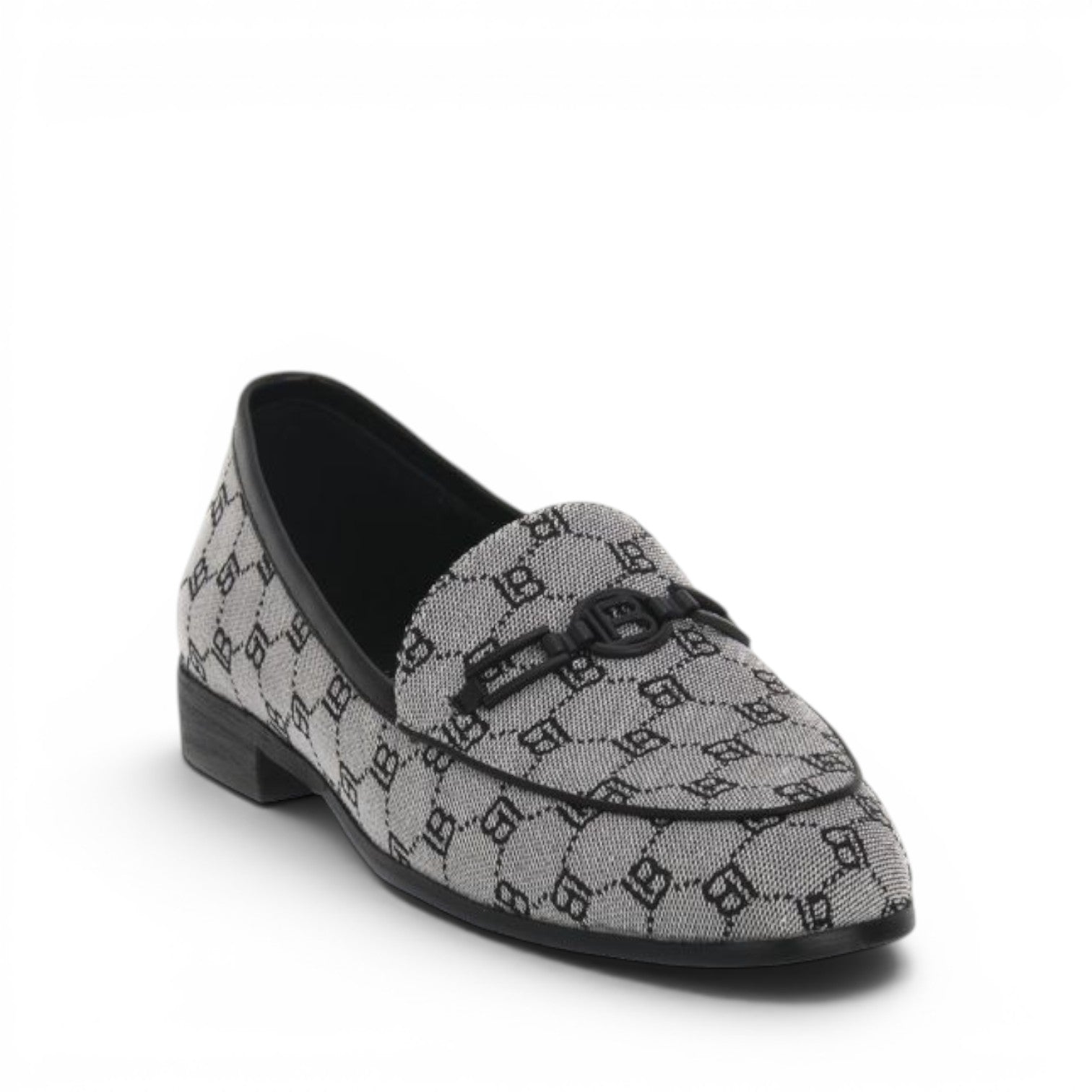 ShoeShop LAURA BIAGIOTTI 8476 grey and black monogram print loafers with a decorative metal bit detail
