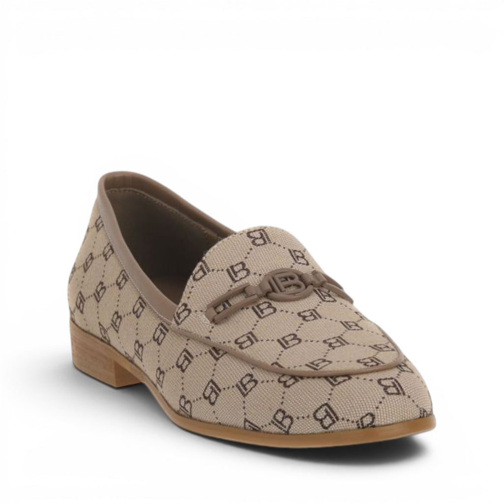 ShoeShop LAURA BIAGIOTTI 8476 beige monogram loafers with a decorative metal logo bit and low block heel.