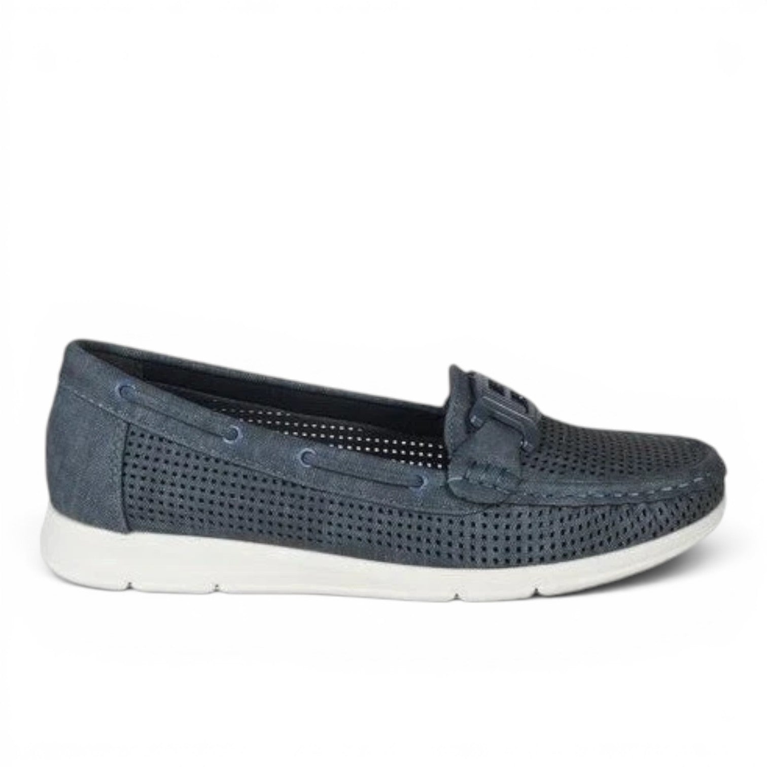 ShoeShop LAURA BIAGIOTTI 8469 navy blue perforated leather loafers with white rubber sole and decorative buckle