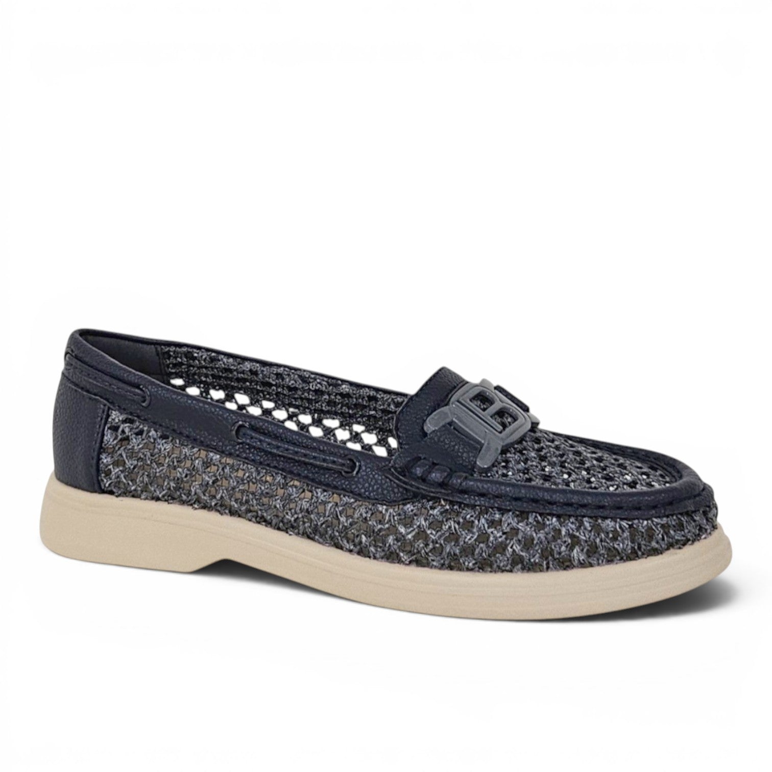 ShoeShop LAURA BIAGIOTTI 9690 navy blue woven loafers with a beige flat sole and decorative logo hardware