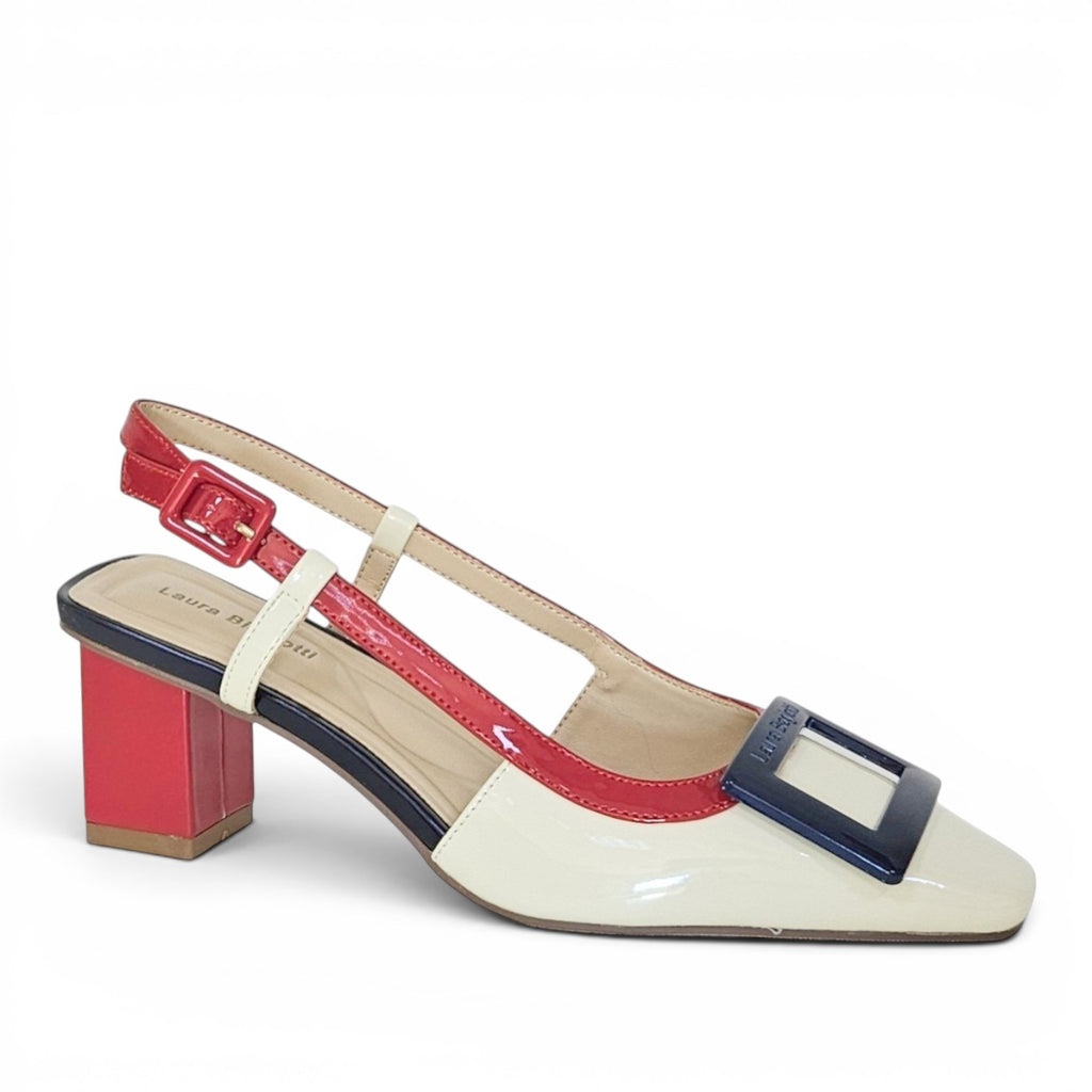 ShoeShop Laura Biagiotti 9710 patent leather slingback heels in cream, red, and navy with a square buckle detail.