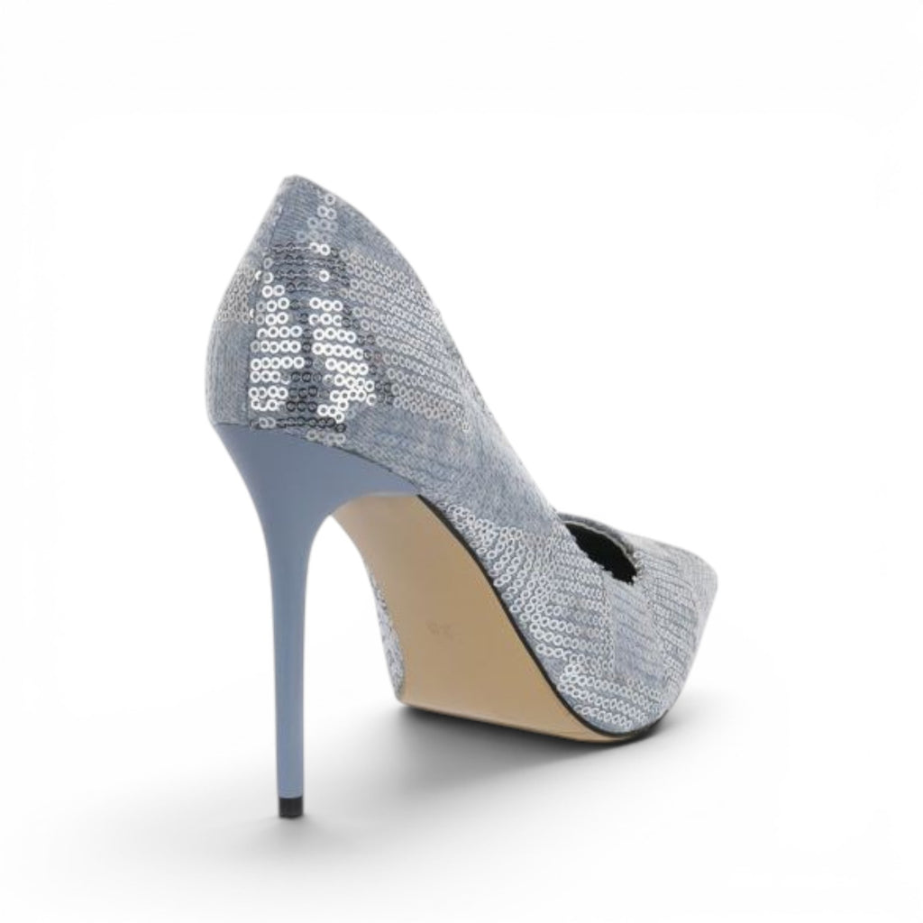 ShoeShop LAURA BIAGIOTTI 8615 silver sequin stiletto pumps with pointed toe and high heel