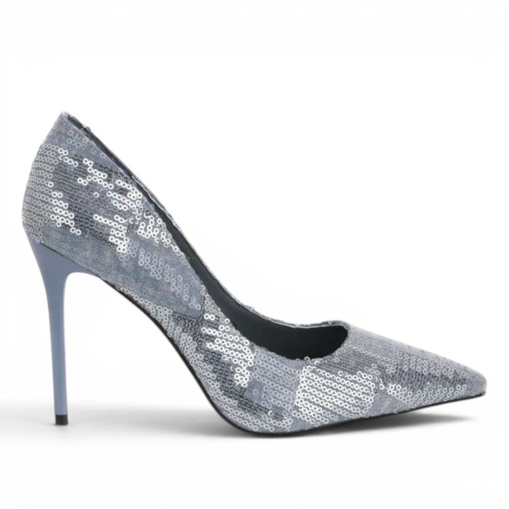 ShoeShop LAURA BIAGIOTTI 8615 silver sequin stiletto pumps with a pointed toe and slim heel