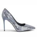 ShoeShop LAURA BIAGIOTTI 8615 silver sequin stiletto pumps with a pointed toe and slim heel