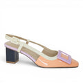 ShoeShop Laura Biagiotti 9710 patent leather slingback pumps in peach, cream, and lilac with a block heel.