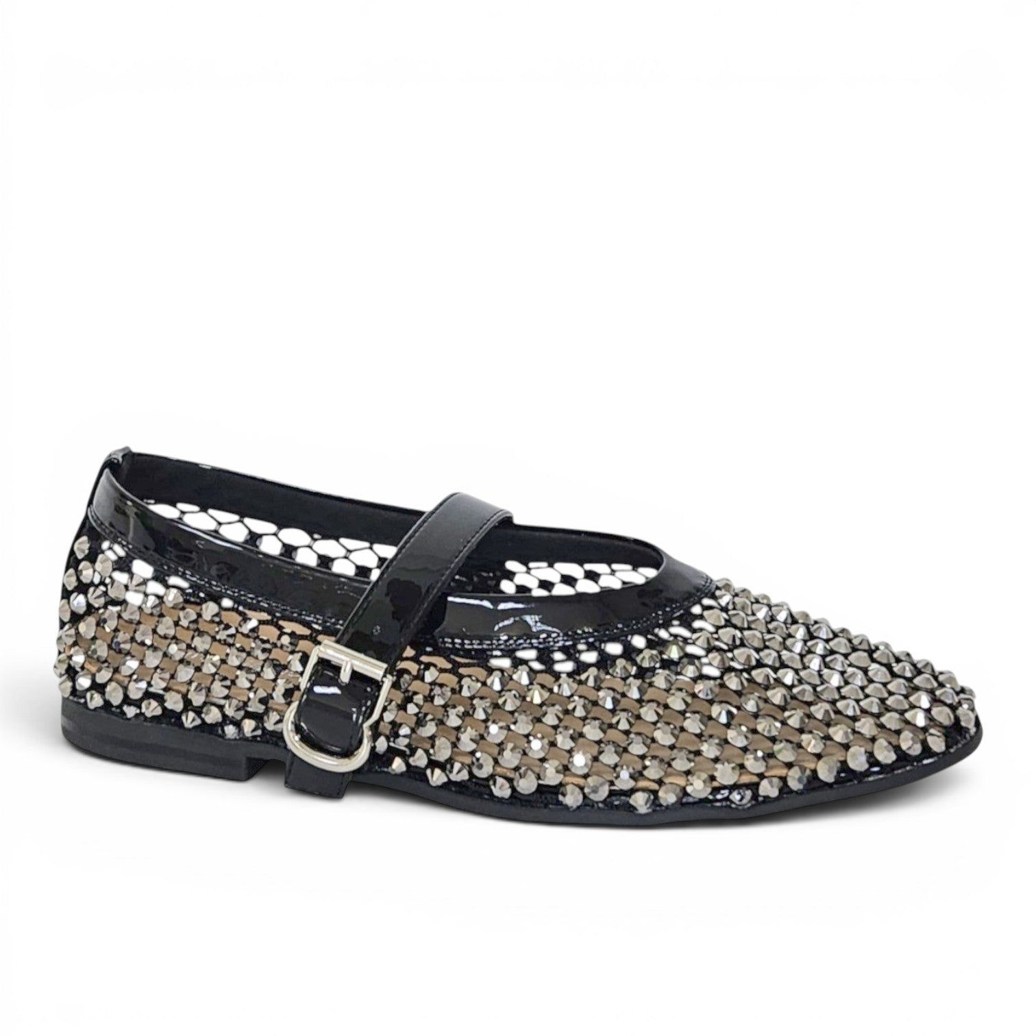 ShoeShop LAURA BIAGIOTTI 9697 black patent leather mary jane flats with silver stud embellishments and buckle strap
