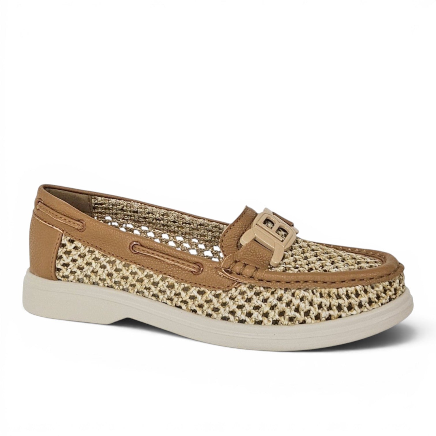 ShoeShop LAURA BIAGIOTTI 9690 tan woven leather loafers with gold logo hardware and white flat sole