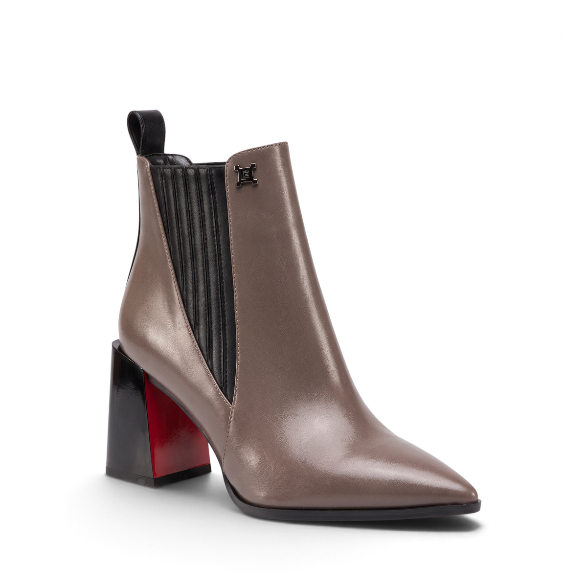 ShoeShop Laura Biagiotti 8335 taupe synthetic ankle boot with black elastic side panels and a 7.5cm block heel