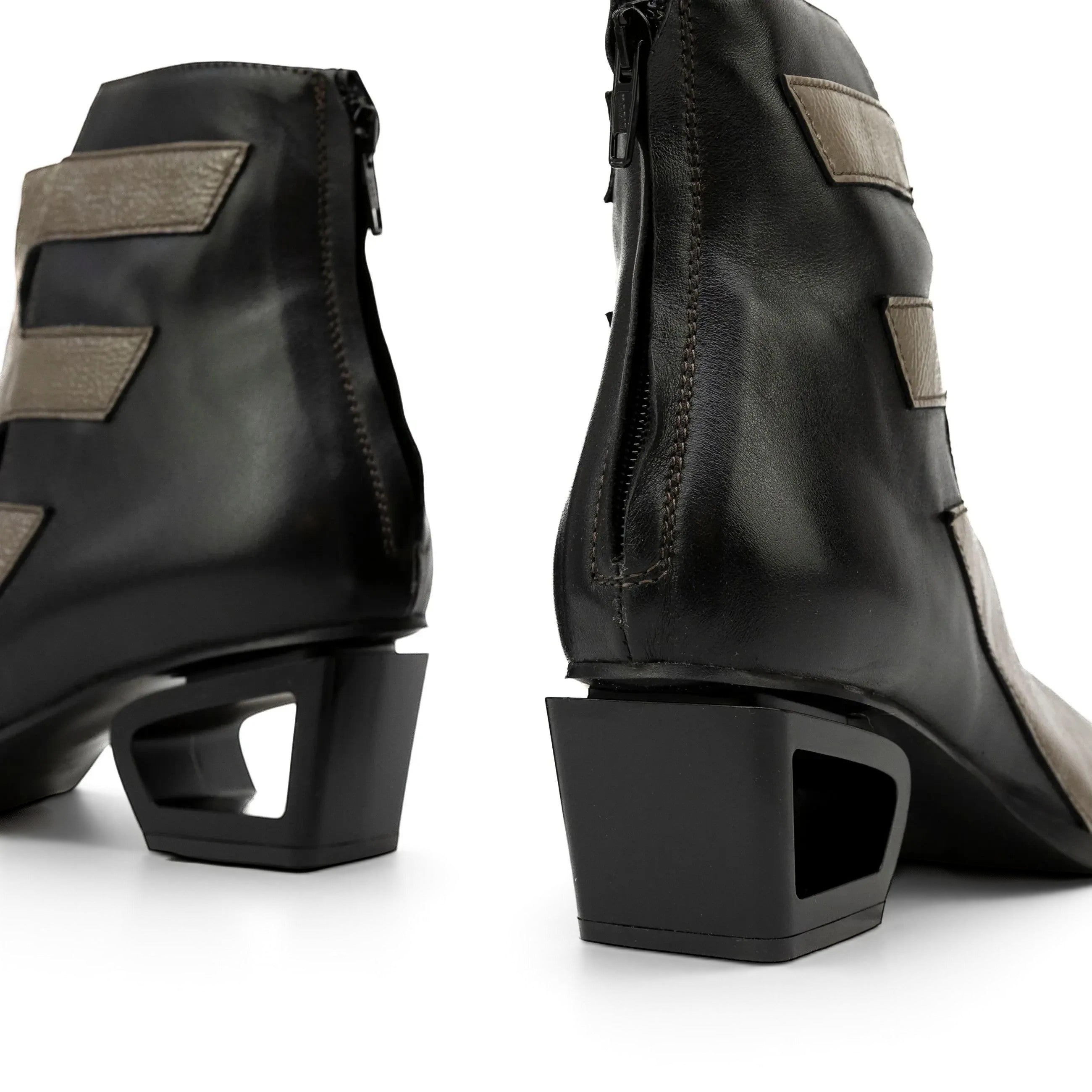 ShoeShop Le Bohemien black leather ankle boots with unique 5cm geometric cutout heels and back zipper closure