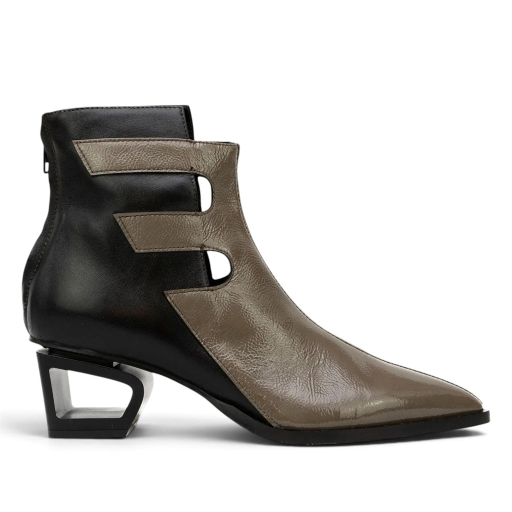 ShoeShop Le Bohemien leather ankle boots in black and grey with a unique 5cm geometric cutout heel