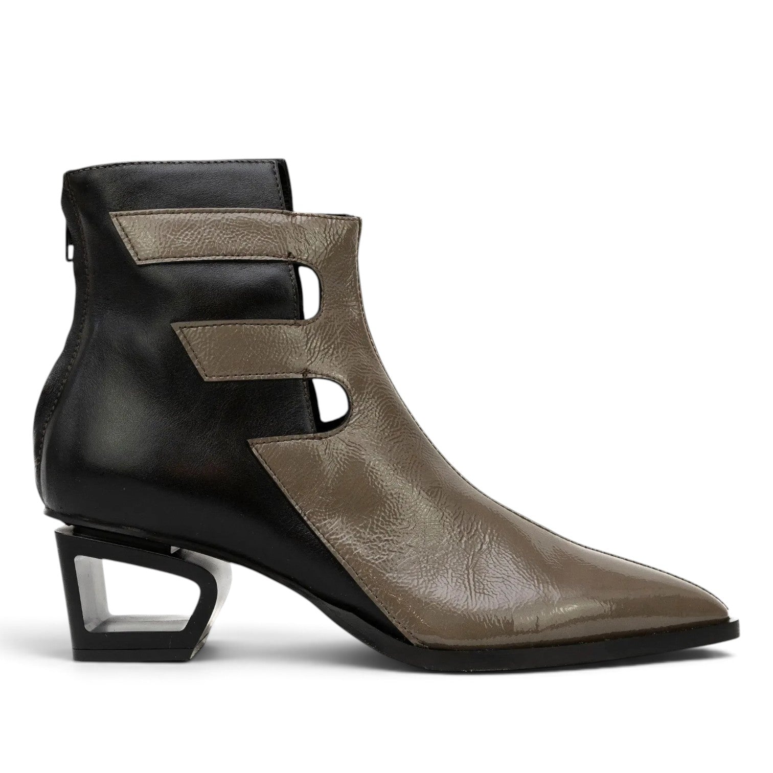 ShoeShop Le Bohemien leather ankle boots in black and grey with a unique 5cm geometric cutout heel