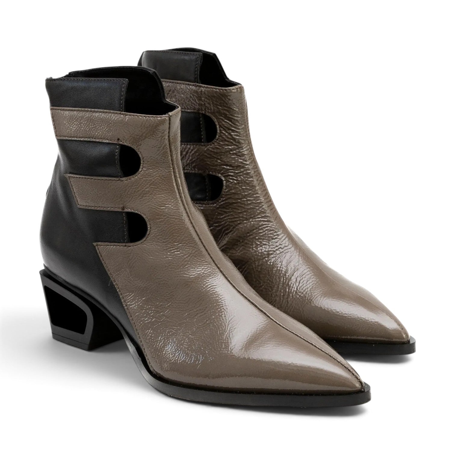 ShoeShop Le Bohemien leather ankle boots in taupe and black with cut-out details and a 5cm sculptural heel