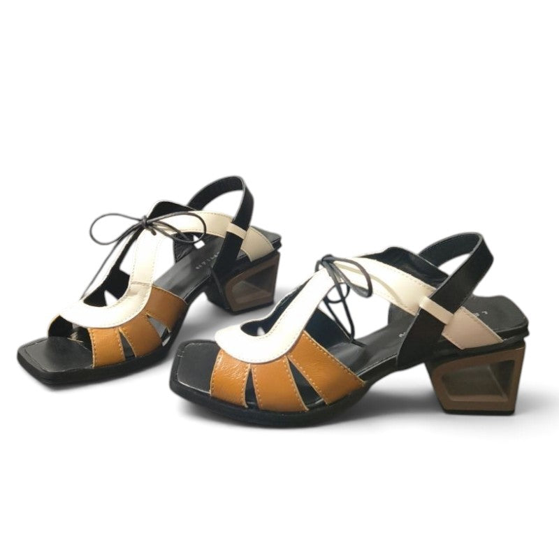 ShoeShop Le Bohemien Italian leather sandals in black, white, and tan with a 5.5cm block heel and lace-up detail.