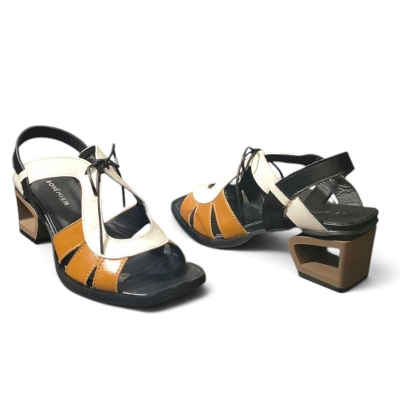 ShoeShop Le Bohemien Italian leather sandals in black, white, and tan with a 5.5cm geometric block heel.