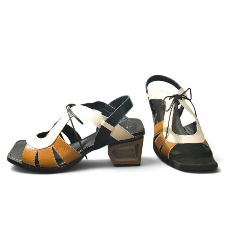 ShoeShop Le Bohemien Italian leather sandals in tan, white, and black with a 5.5cm geometric block heel