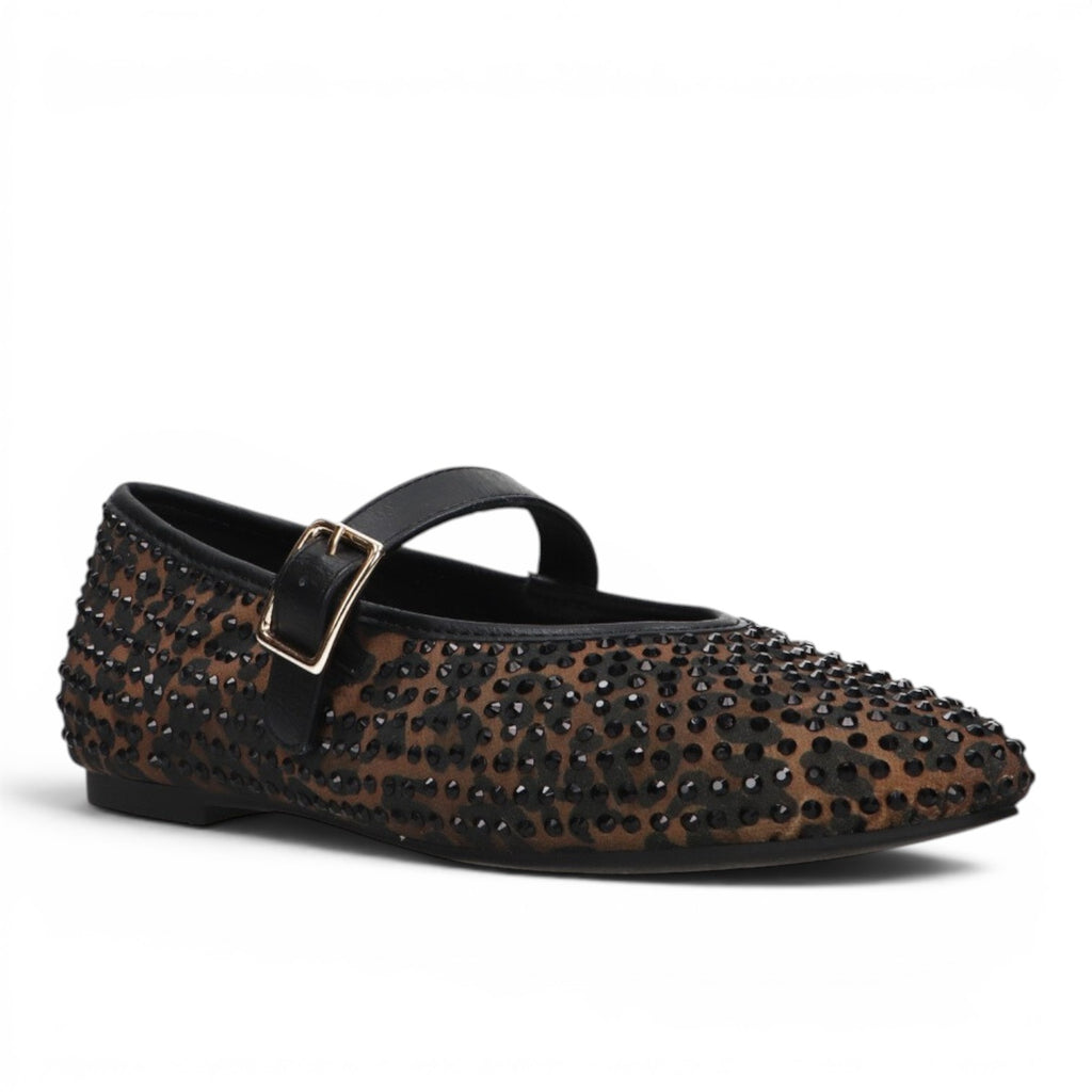 ShoeShop La Strada leopard print ballet flat with black rhinestone embellishments and a buckled mary jane strap