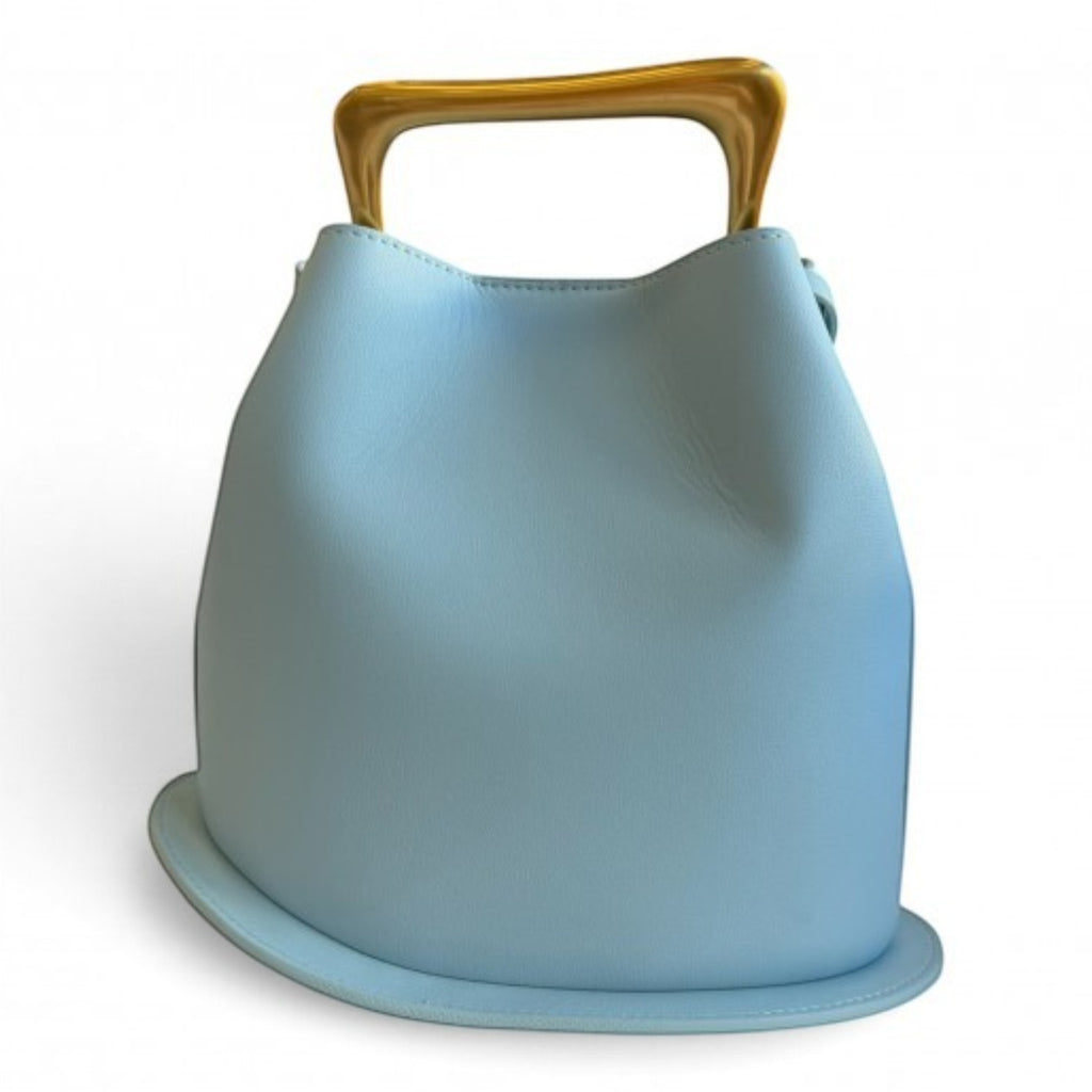 ShoeShop light blue leather bucket bag with a unique sculptural gold-tone metal top handle
