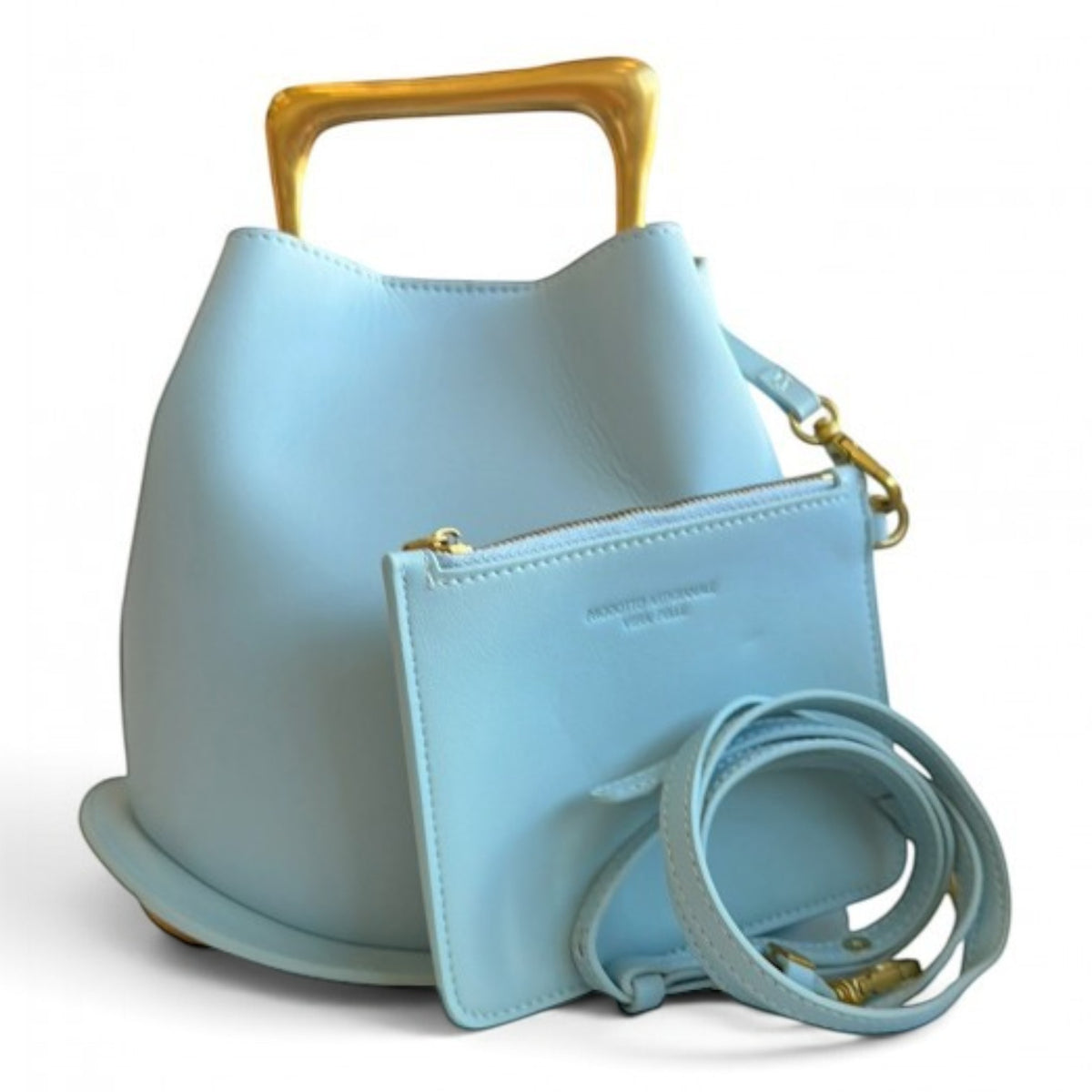 ShoeShop light blue leather bucket bag with a gold metal handle and matching detachable pouch with shoulder strap