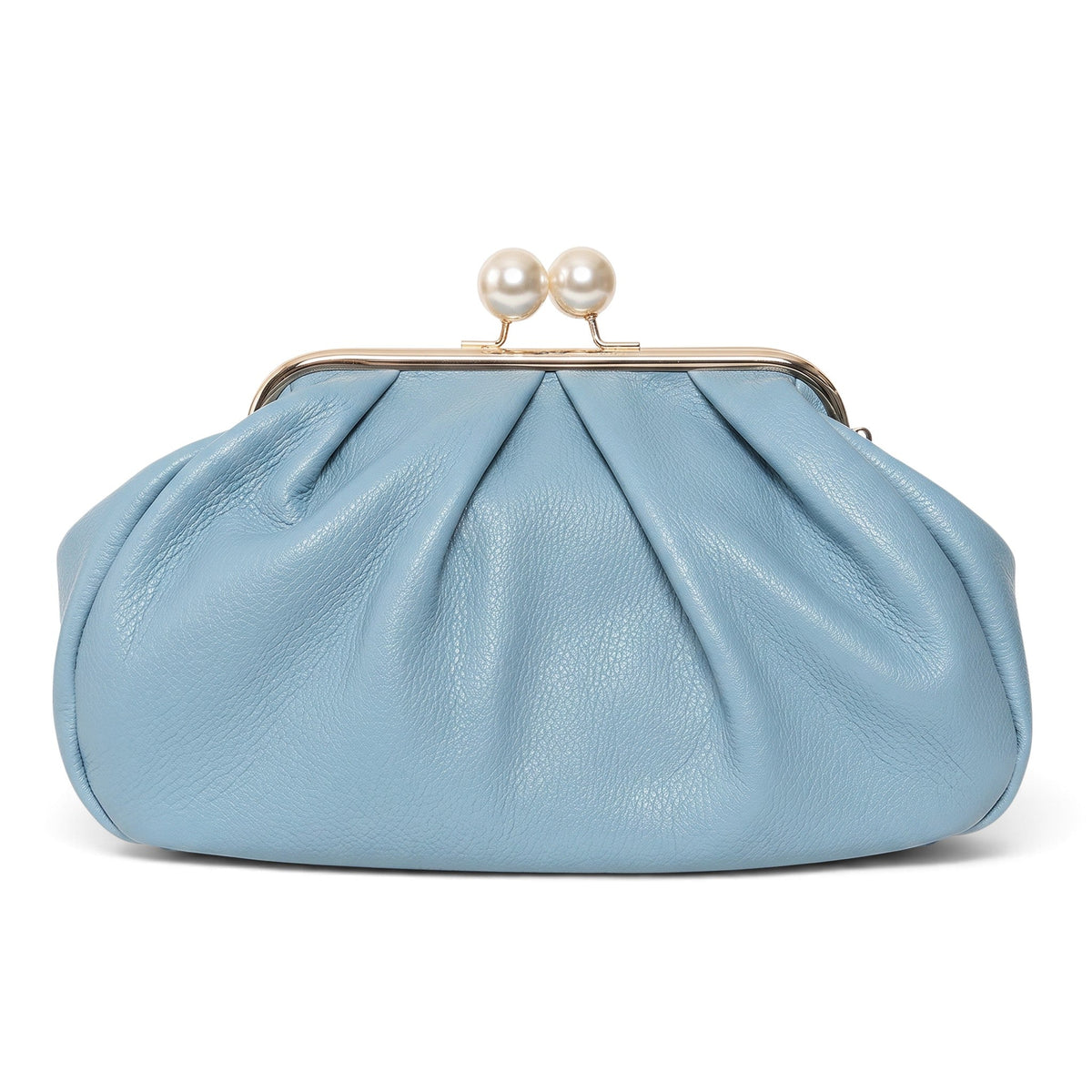 ShoeShop light blue leather Pasticcino clutch bag with a gold frame and pearl-style clasp closure.