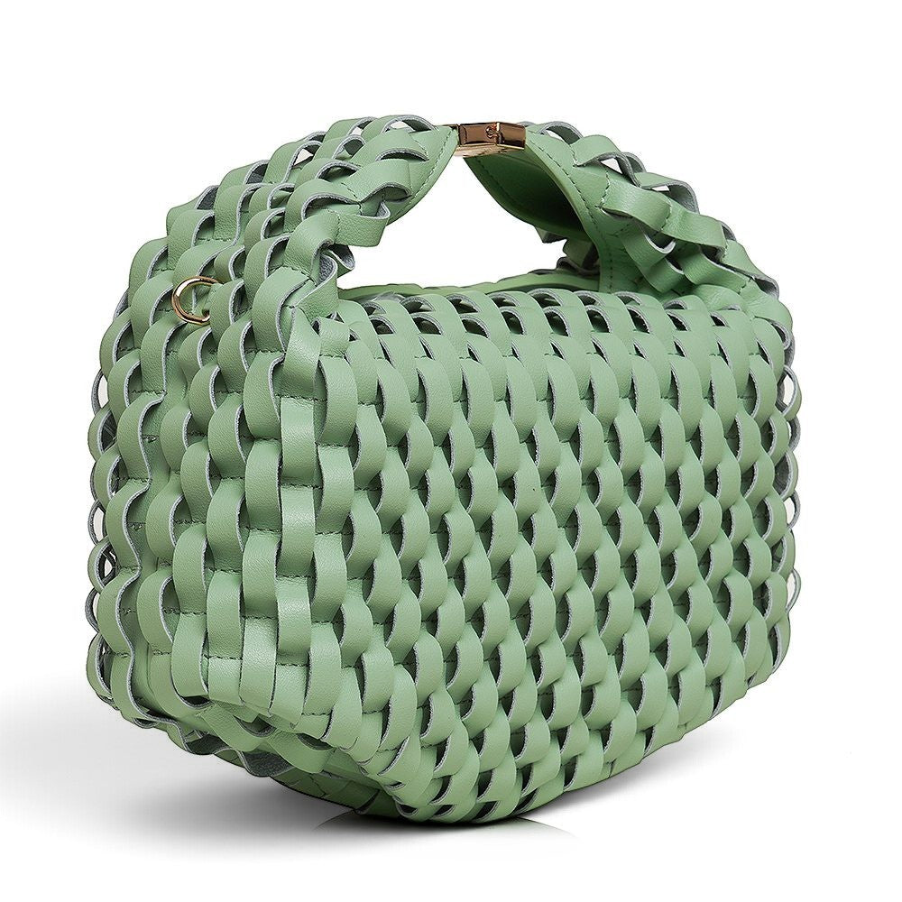 ShoeShop light green woven leather handbag with a magnetic closure and detachable shoulder strap