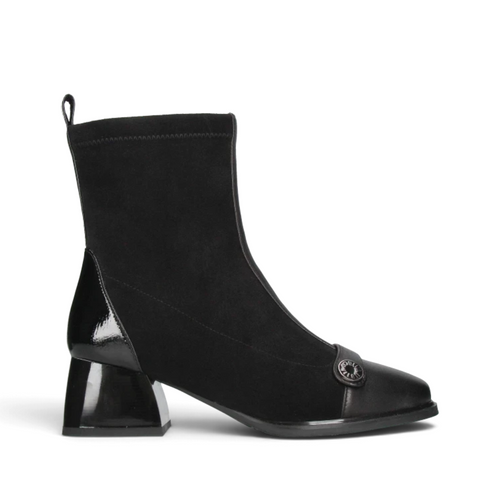 ShoeShop Loretta Vitale black textile and leather ankle boots with a 5cm block heel and decorative side button