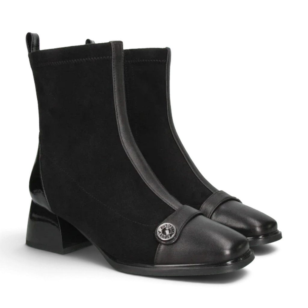 ShoeShop Loretta Vitale black textile and leather ankle boots with a 5cm block heel and decorative metal button
